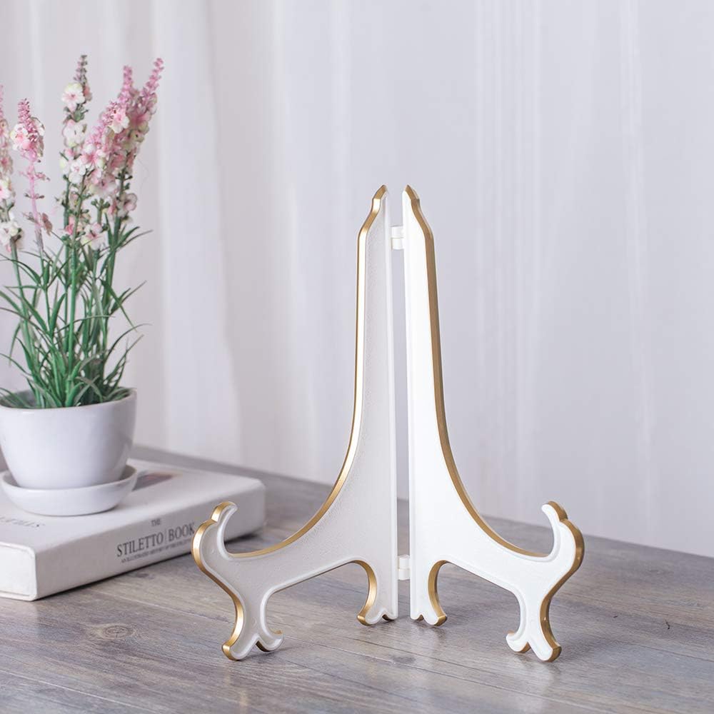 Artliving 10" Decorative Plate Stand Holder Plastic Picture Easel Display Stand Picture Frame Stand White Gold (2 Pack)