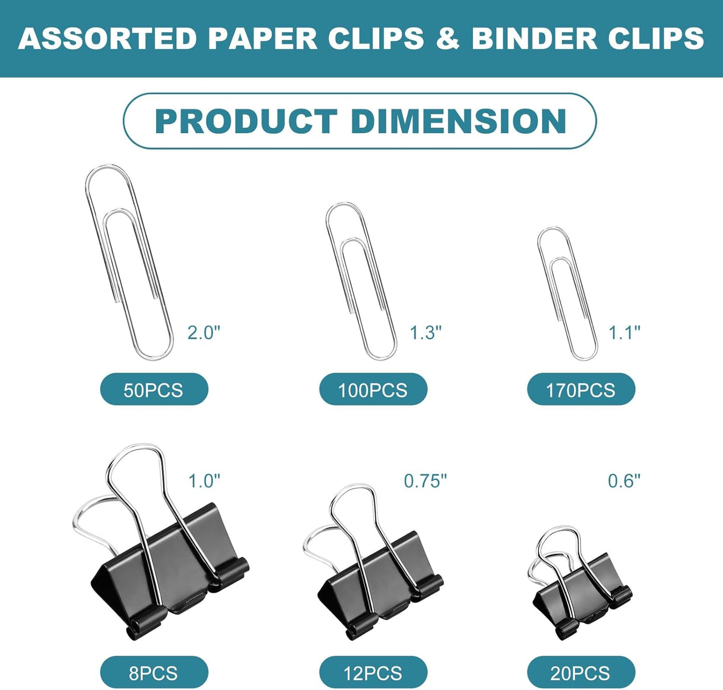 360 Pcs Binders & Paperclips Assorted Sizes with Container, Silver Paper Clips & Black Binder Clips Office Supplies, Paper Clamps for Office, Home, School