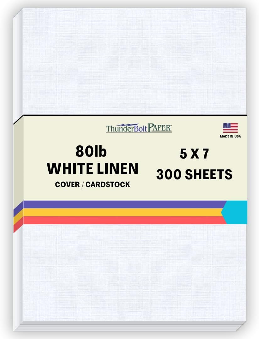 300 Bright White Linen 80# Cover Paper Sheets - 5" X 7" (5X7 Inches) Photo|Card|Frame Size - 80 lb/pound Card Weight - Fine Linen Textured Finish - Quality Cardstock