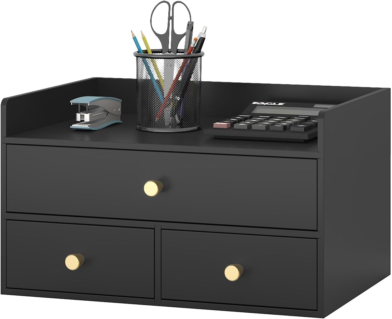 Bamboo Desk Organizer with Drawers Wooden Desktop Storage Organization Box for Bills Office Supplies Kitchen Utensils Organizing Tool for Home Classroom Vanity, No Assembly Required (3 Drawers, Black)