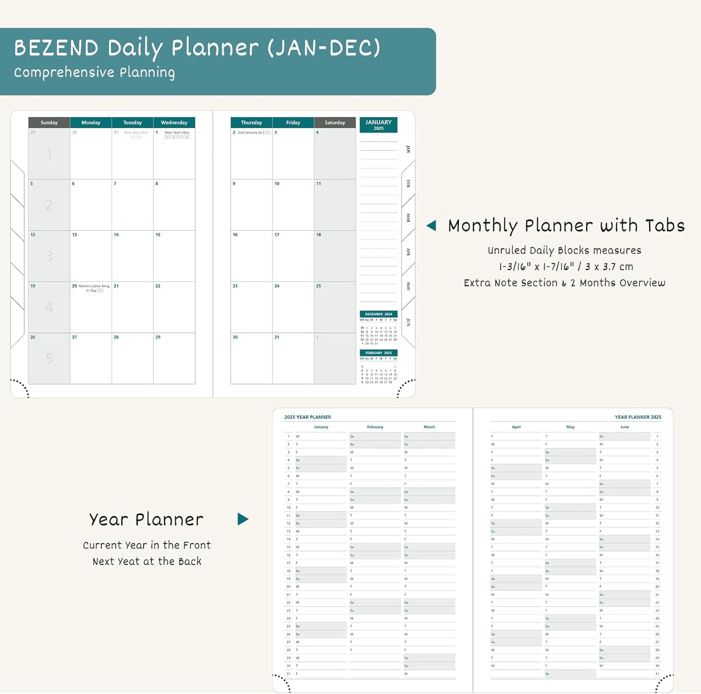 BEZEND Daily Planner 2026 (6" x 8.5") Full Page per Day Even Weekend (Jan-Dec) Monthly Calendar with Tabs, 2 Columns for Dual Schedule with Note, Vegan Leather Hardcover in Black