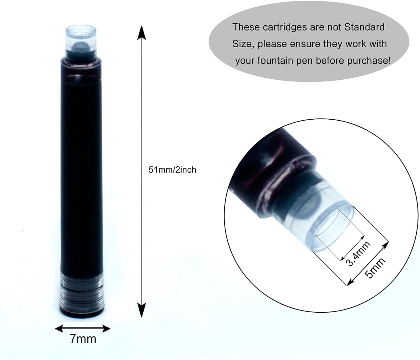 Black Ink Cartridge for Fountain Pen Ink Cartridge Refillable Business Writing Pens Disposable Ink Pen Refills 3.4 mm Bore Diamete Set of 60 Refill