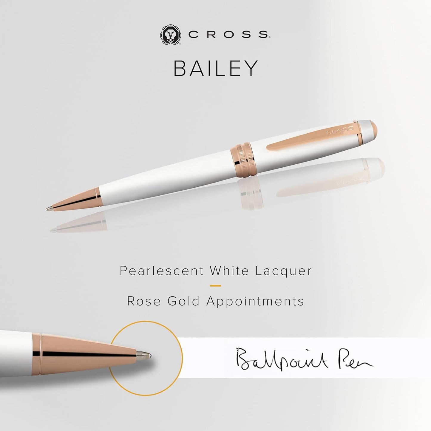 Cross Bailey Refillable Ballpoint Pen Presented in a Premium Gift Box - Medium Point, Black Ink, White & Rose Gold