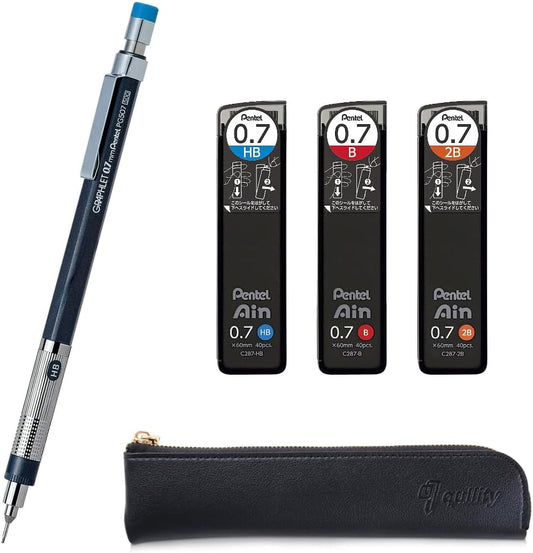 Graphlet Mechanical Drafting Pencil + Ain HB/B/2B leads, original Black slim pen case (0.7mm)