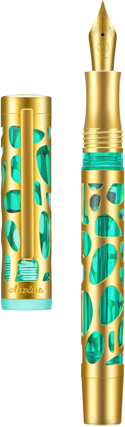 Asvine V169 Vacuum Filling Fountain Pen Iridium Extra Fine Nib, Water Drop Skeleton Gold Trim Transparent Green Acrylic Pen Case Set