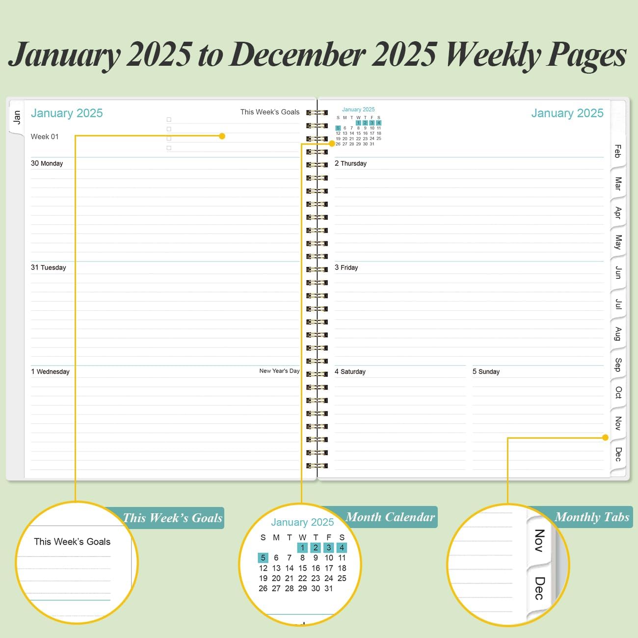2025 Planner - Planner 2025 from January 2025 to December 2025 with 12 Monthly Tabs, Flexible Cover, Inner Pocket, 8.5" x 11", Green