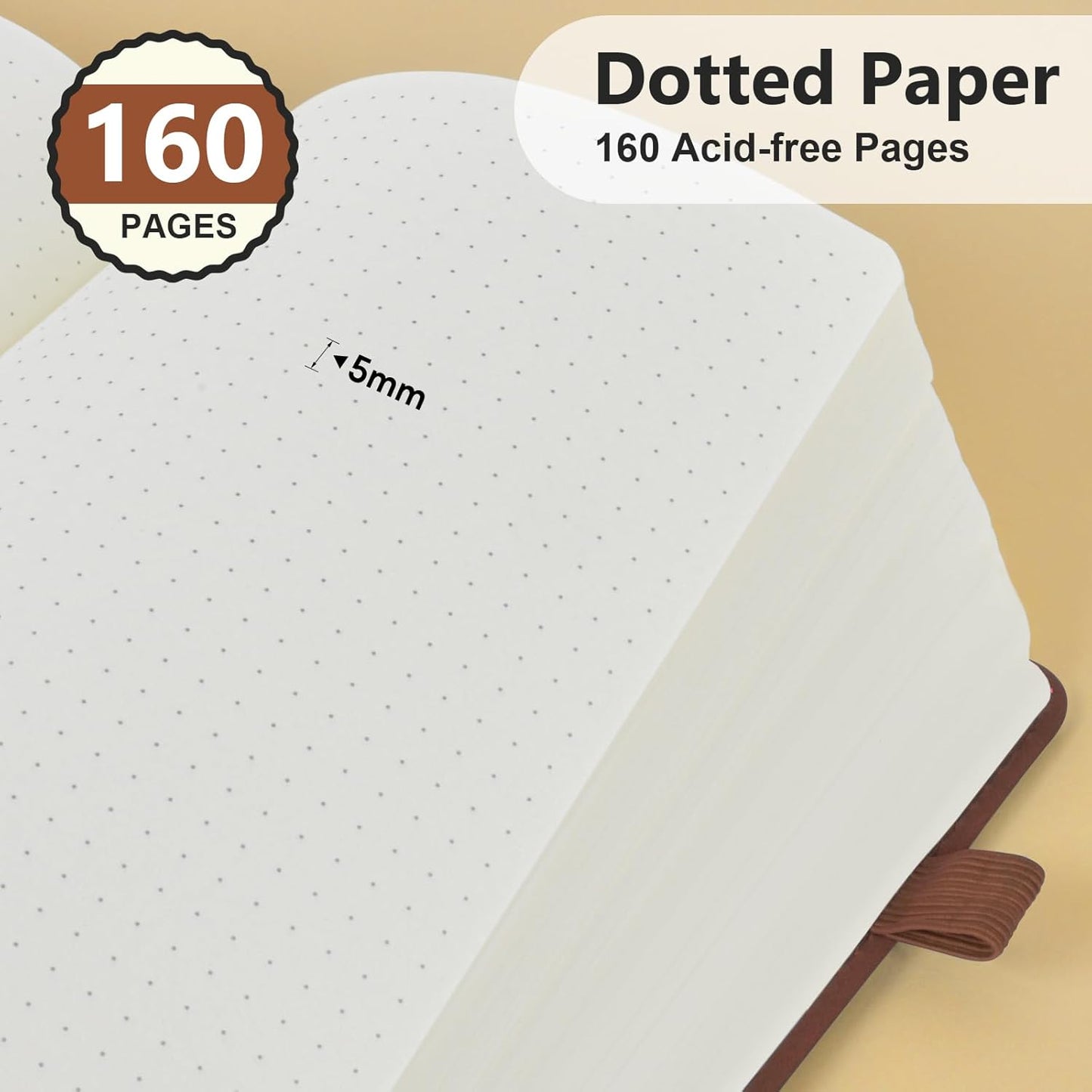 Dotted Journal Notebook for Men & Women, 160 Pages Dot Grid notebook for Note Taking, Bullet Journaling Notebook for Work, School, Travel, Writing, A5 Hardcover 5.9" x 8.5"(Brown)