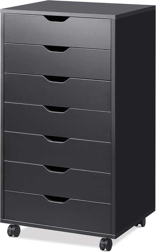 DEVAISE 7-Drawer Chest, Wood File Cabinet with Wheels, Black