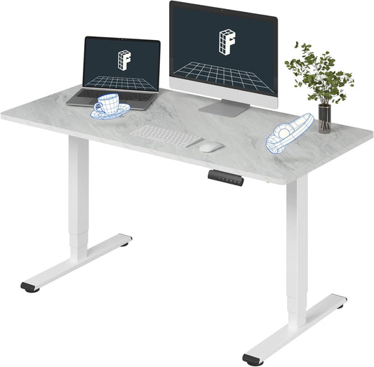 FLEXISPOT E6 Essential 3 Stages Dual Motor Electric Standing Desk 55x28 Inch Whole-Piece Board Height Adjustable Electric Sit Stand Desk（White Frame + Grey Wood Grain Desktop, 2 Packages）