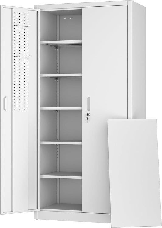 Aobabo Upgraded 71" H×34" W×18" D Metal Garage Storage Cabinet with Pegboards, Lockable Steel Cabinet with 5 Adjustable Shelves and 4 Hooks for Garage, Home, Office, White,Assembly Required