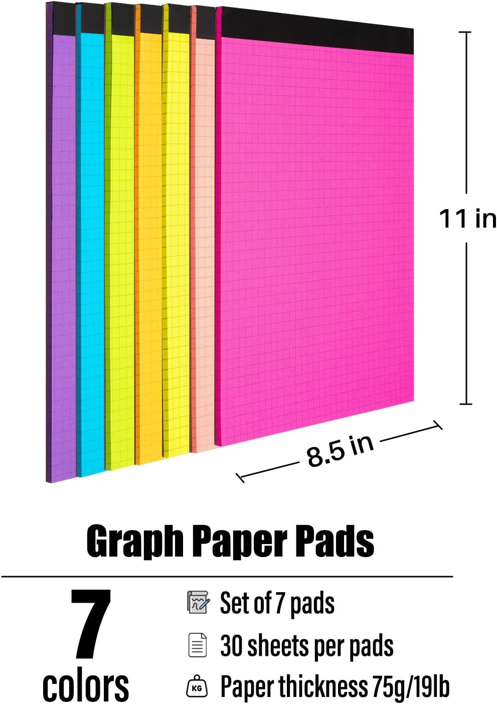 Colored Graph Paper Pad 8.5 x 11 Inches 7 Pack,30 Sheets Grid Notebook 4x4 Graph Ruled 7 Colors High Brightness Neon Pads Easy Tears Off 75 GSM/19 LB Paper for School,College,Office,Business