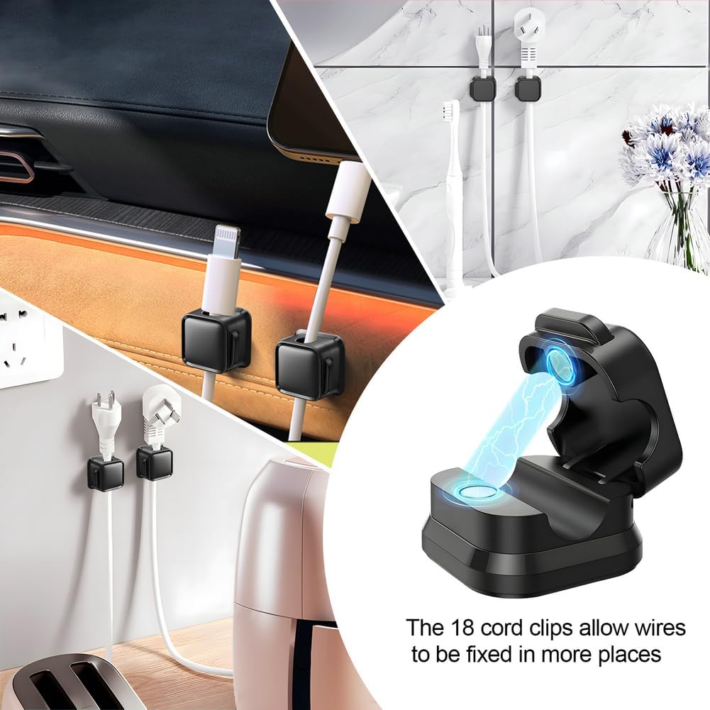 18 Pack Cord Organizer Holder,Magnetic Cable Clips Management, Easy Adhesive Phone USB Charger Cord Keeper, Hide Or Organize Desk Cable for Kitchen, Office, Car, Nightstand （Black）