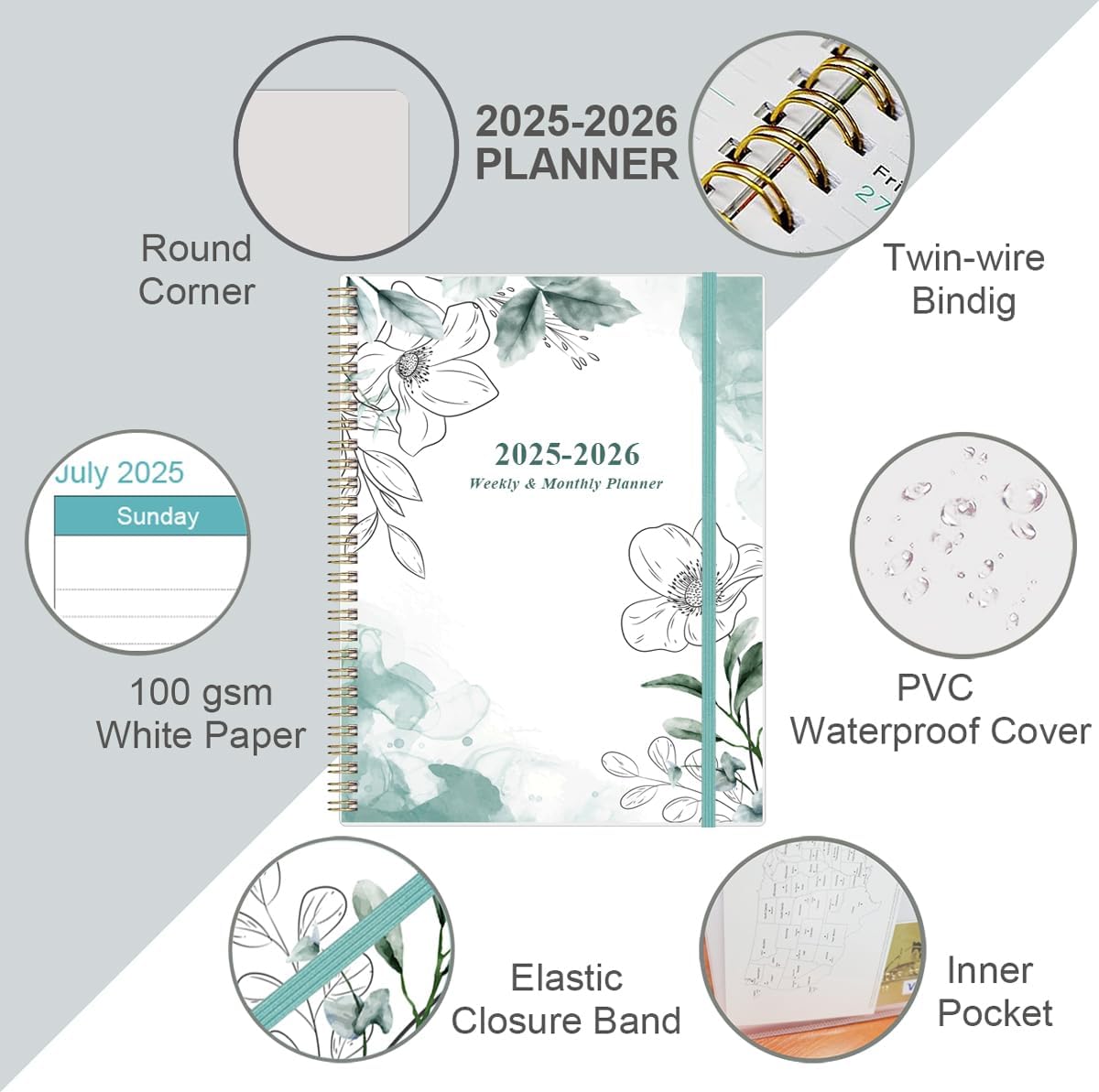 2025-2026 Planner - Academic Planner 2025-2026 from July 2025 to June 2026 with 12 Monthly Tabs, Flexible Cover, Inner Pocket, 8.5" x 11", Teal Flowers