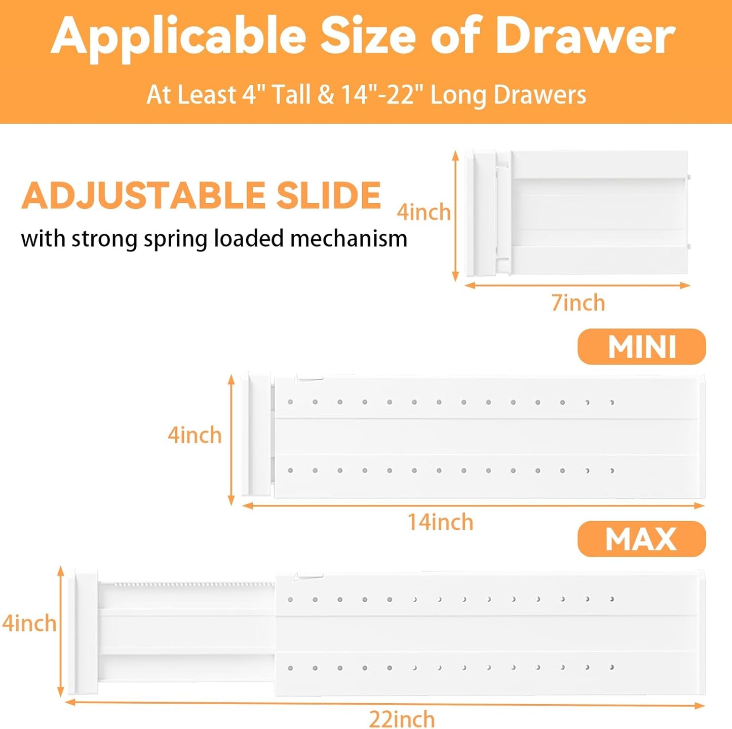 REBECAT 12 Pack Drawer Dividers for Clothes Adjustable 4" High Expandable from 15"-21" Drawer Dividers for Dresser Baby Clothes Bathroom,Bedroom Kitchen and Office Storage，White