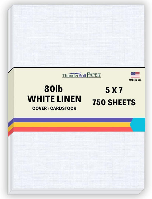 750 Bright White Linen 80# Cover Paper Sheets - 5" X 7" (5X7 Inches) Photo|Card|Frame Size - 80 lb/pound Card Weight - Fine Linen Textured Finish - Quality Cardstock