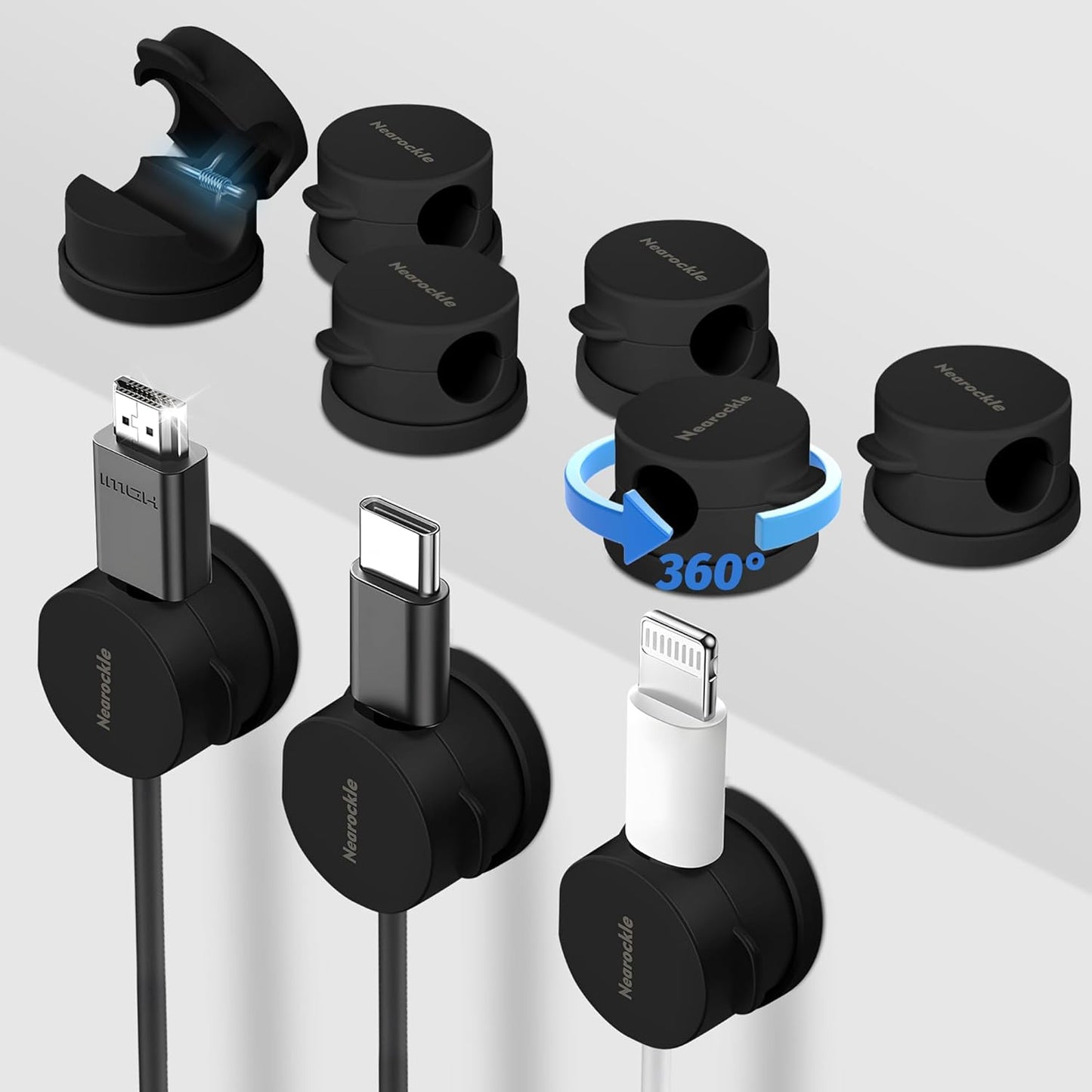 9 Pack Spring Cord Organizer Cable Clips [Locking Cable Rotatable], 2025 Latest Nearockle Phone Charging Cord Holder Cable Management for Car, Nightstand, Office Desk Accessories (Black)
