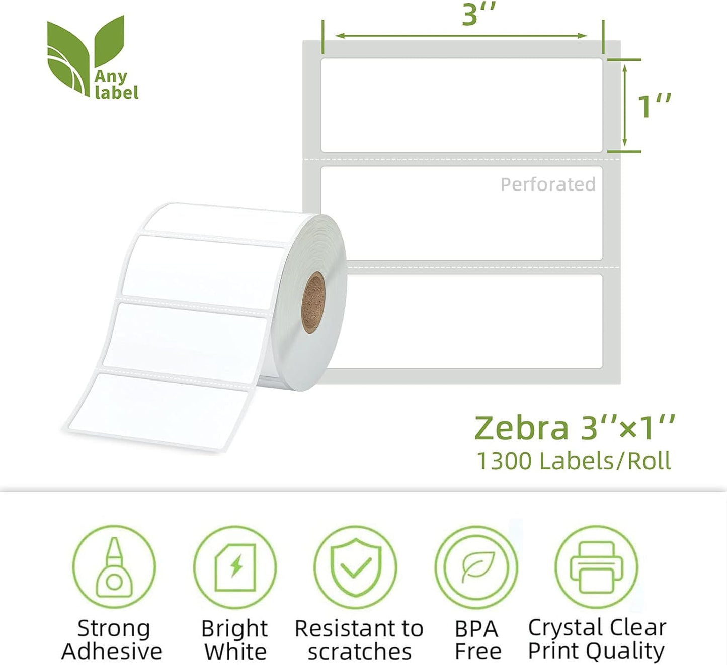 Compatible 3" x 1" Direct Thermal Labes Replacement for Barcodes Postage Address Shipping Compatible with Rollo & Zebra Desktop Printers Adhesive & Perforated (12 Rolls, 1300 Labels/Roll)