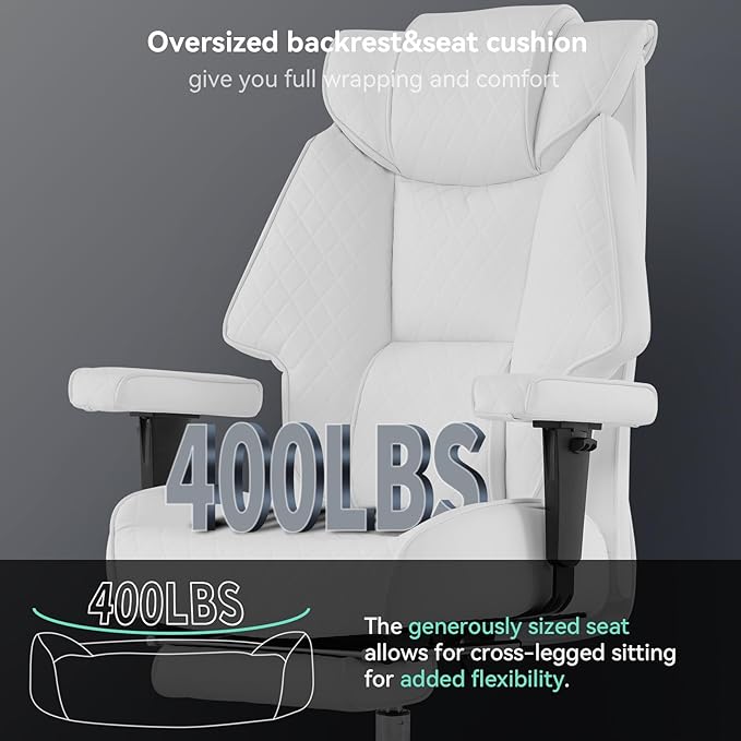 Big and Tall Office Chair with Footrest, PU Leather High Back Executive Office Chair 400lbs, Ergonomic Computer Chairs Lumbar Support for Heavy People (White)