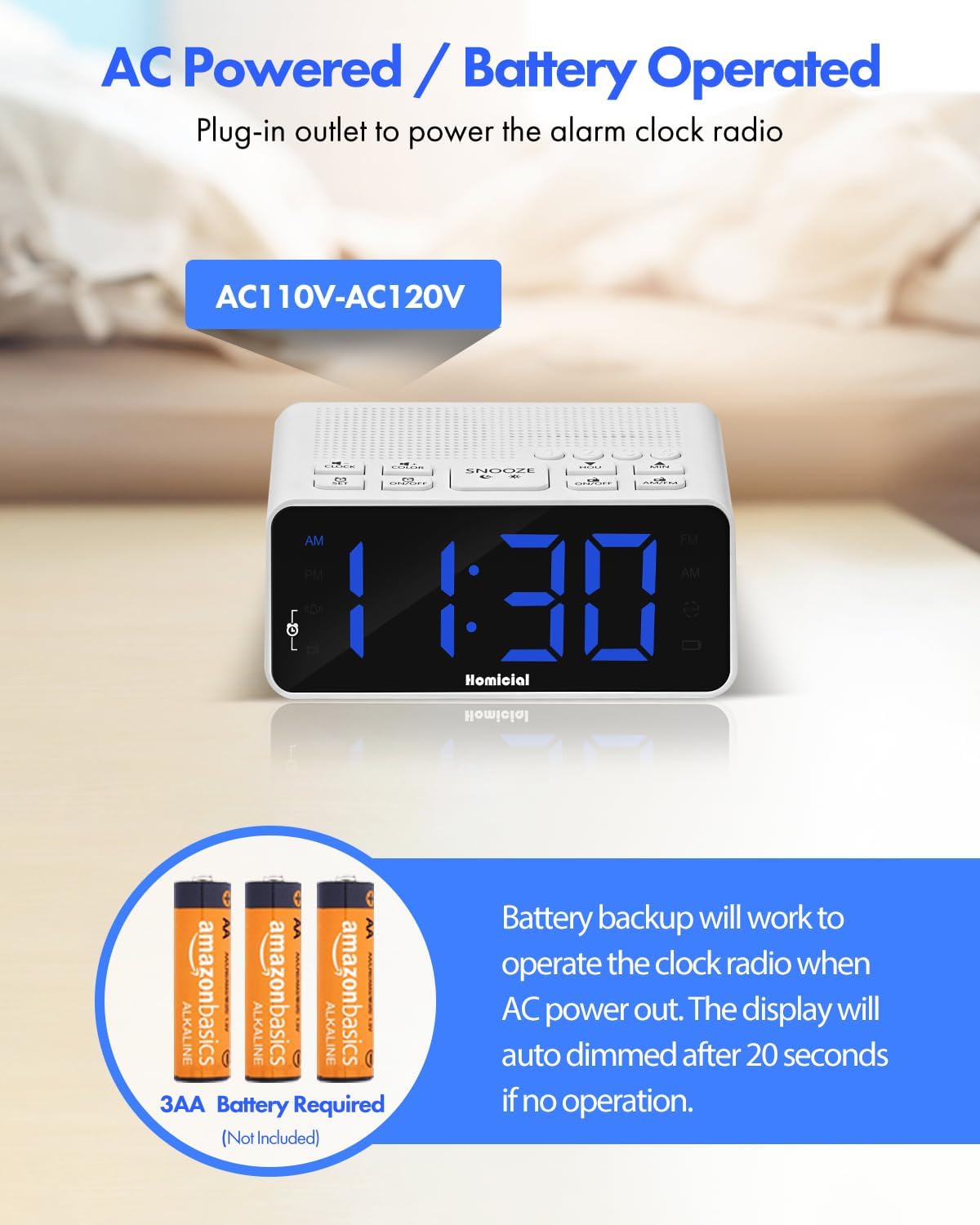 Digital Alarm Clock Radio with AM/FM Radio, Multi-Colors 1.4” LED Digits, Preset, Sleep Timer and Clear Display with Dimmer for Bedroom Bedside, Outlet Powered with Battery Backup (White)