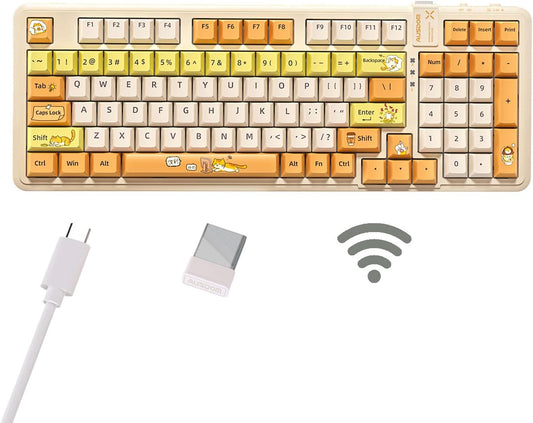 AUSDOM 98Pro Wireless Mechanical Keyboard, Tri-Mode Bluetooth/2.4GHz/USB-C Gasket Hot Swappable Custom Gaming Keyboard with Backlit, PBT Keycaps, Linear Switches, for Windows/Mac/PC (Yellow Cat Theme)