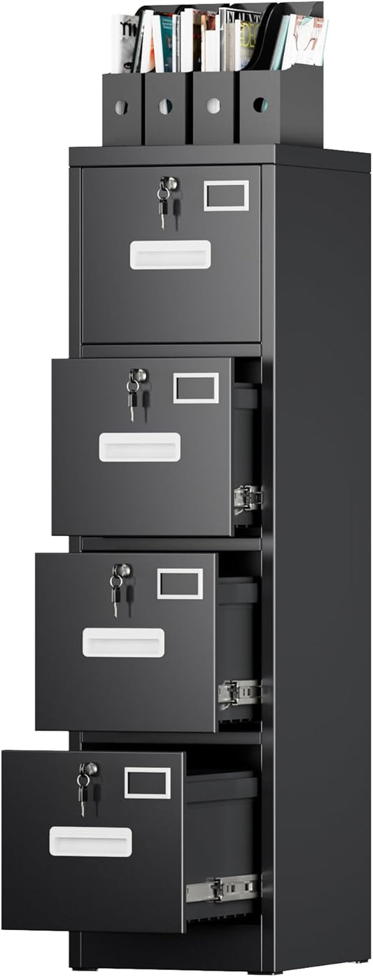 4 Drawer File Cabinet, Metal Vertical Filing Cabinet with 4 Lock,Office Home File Cabinet with Name Card Holder for A4 Letter/Legal Size, 14.96" W x 17.72" D x 55.2" H, Assembly Required(Black)