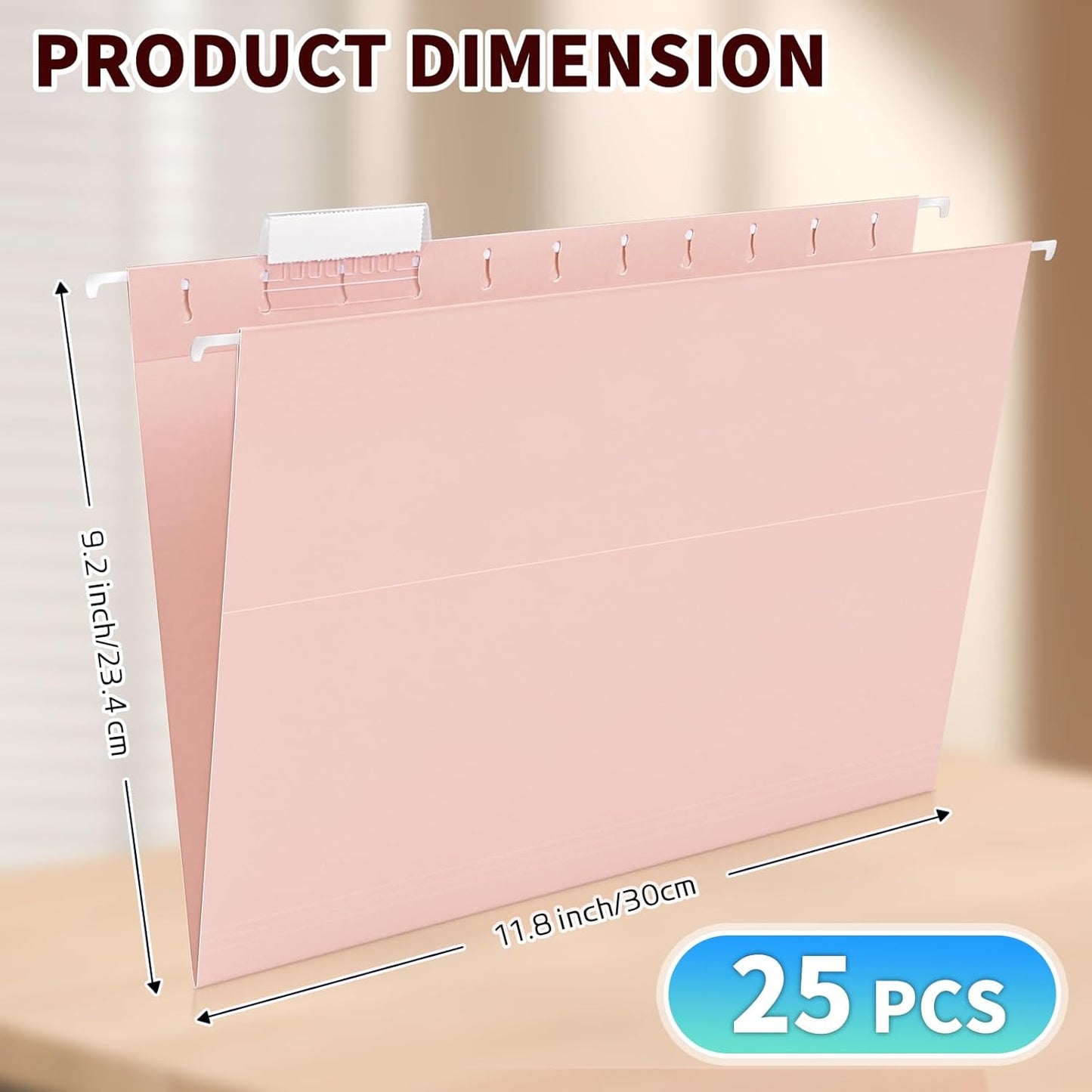 25-Pack Pink Hanging File Folders, Letter Size (8.5" x 11") with 1/5-Cut Tabs,25 Transparent Label Cards & 25 Sticker Labelsfor Home & Office Organization