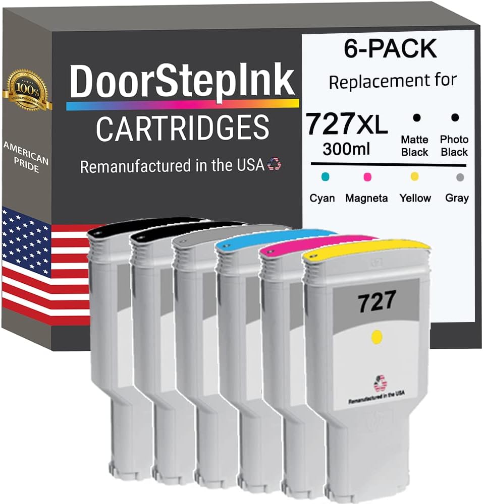 DoorStepInk Remanufactured in The USA Ink Cartridge Replacements for HP 727 300ml 6-PK B C M Y PBK G for Printers DesignJet T1500 T2500 T920 T930