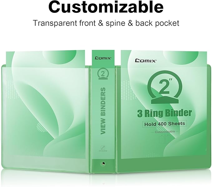 COMIX Standard 3 Ring Binder 2 inch with Clear View Cover, 2" Round Ring View Binder Holds 400 Sheets of US Letter Size Paper, 6 Pack (Sea Green)