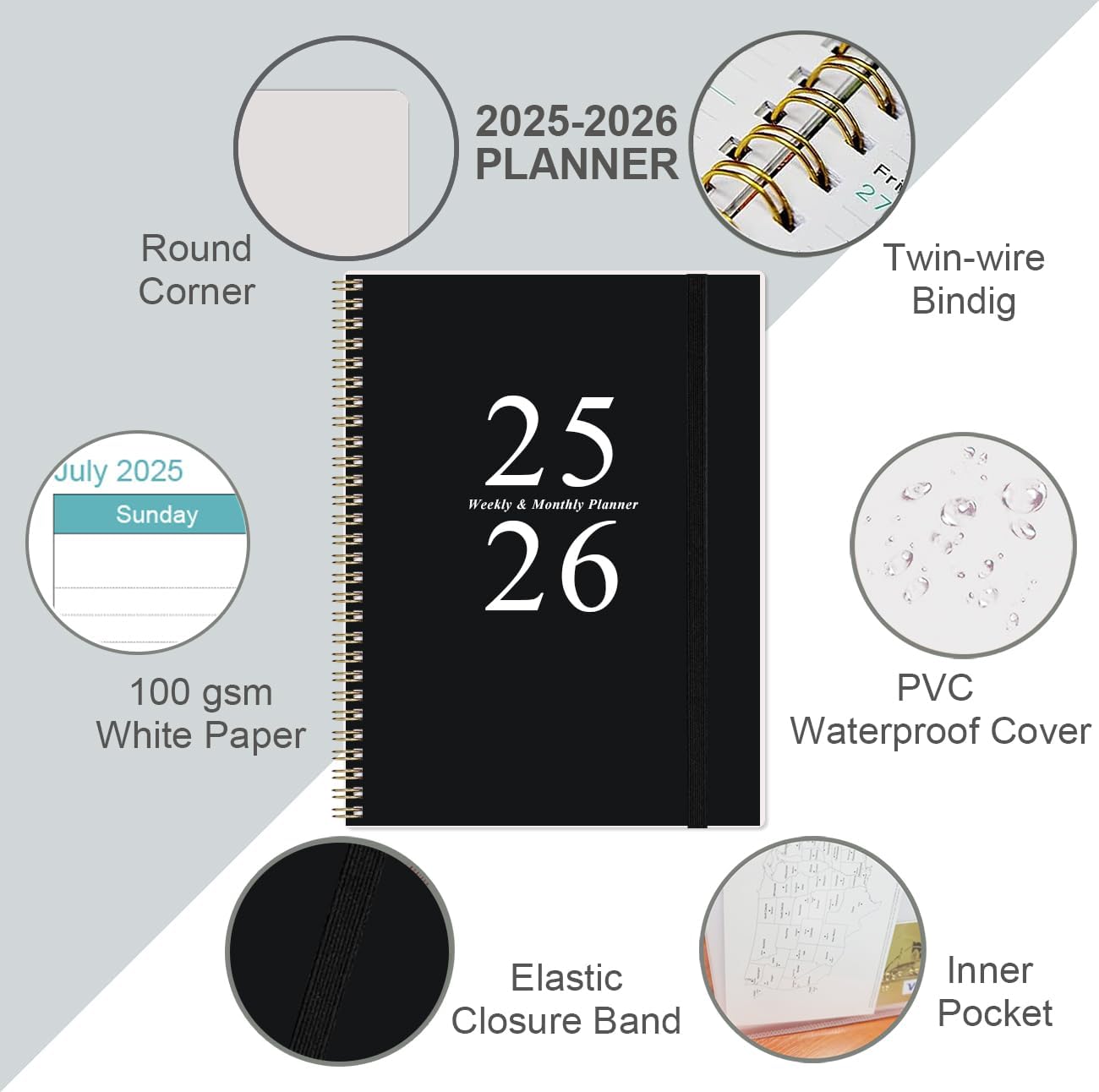 2025-2026 Planner - Academic Planner 2025-2026 from July 2025 to June 2026 with 12 Monthly Tabs, Flexible Cover, Inner Pocket, 8.5" x 11", Black