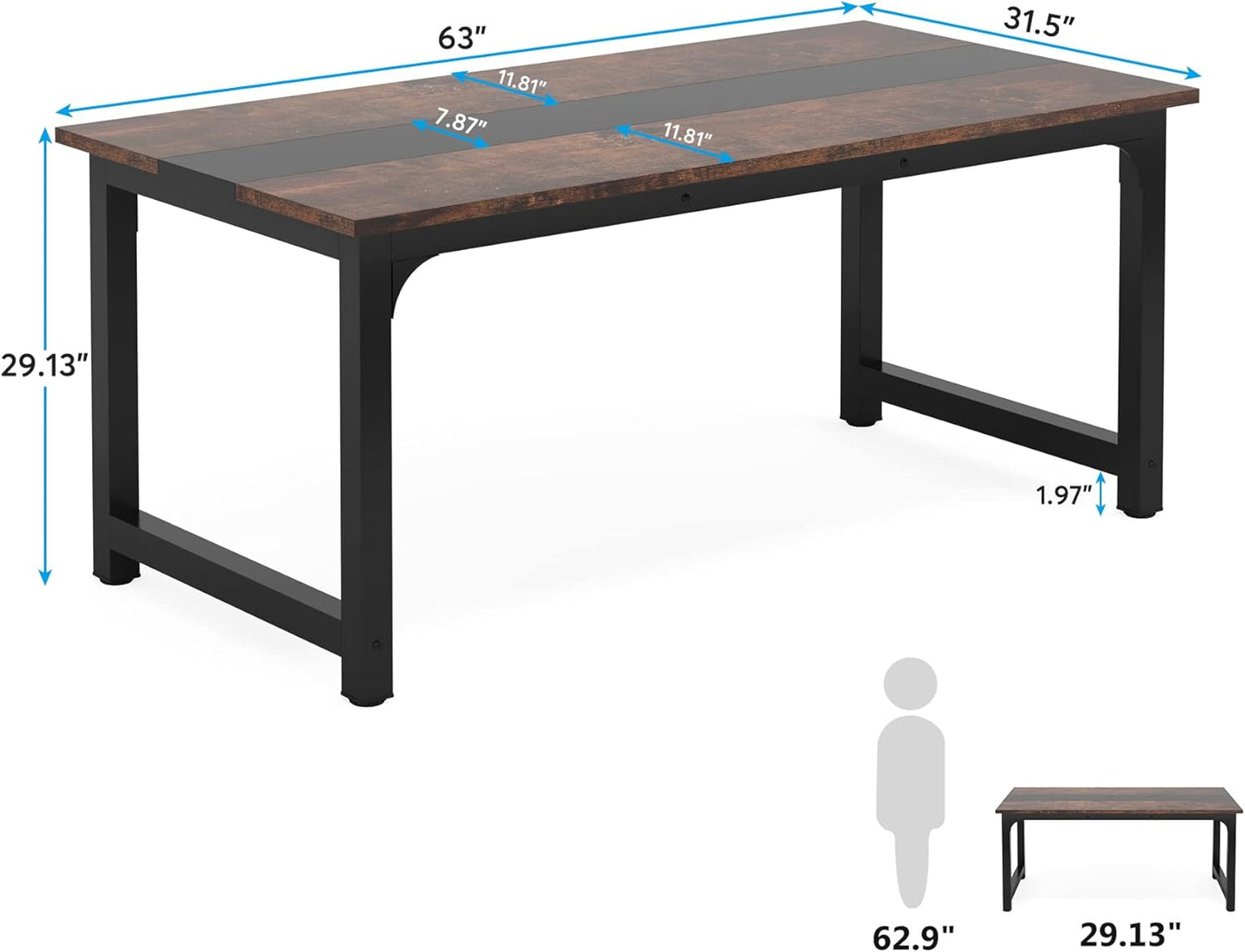 Tribesigns 63” Executive Desk, Large Office Computer Desk with Thicken Frame, Modern Simple Workstation Business Furniture for Home Office, Vintage Brown/Black