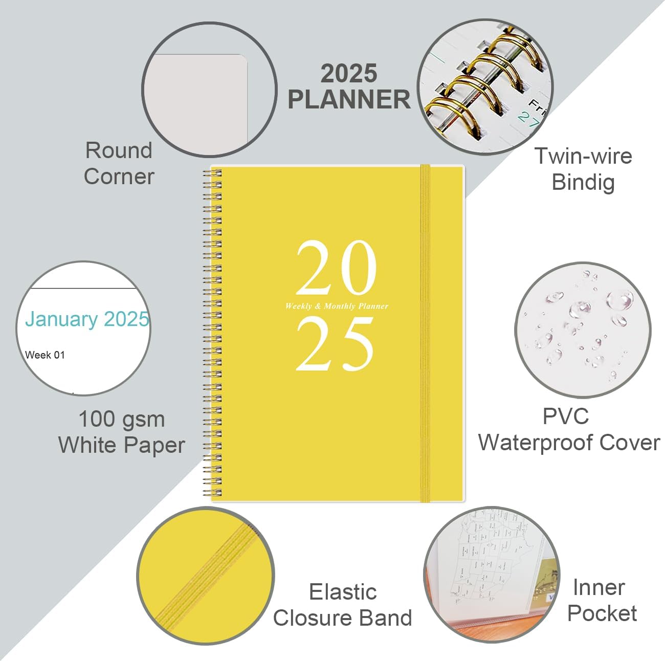 2025 Planner - Planner 2025 from January 2025 to December 2025 with 12 Monthly Tabs, Flexible Cover, Inner Pocket, 8.5" x 11", Yellow