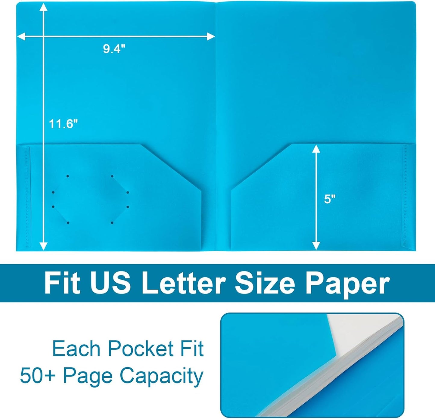 Plastic Folders with Pockets,2-Pocket Poly Folders Holds 8-1/2" x 11" Paper for School/Office/Home (Lake Blue, 12-Pack)