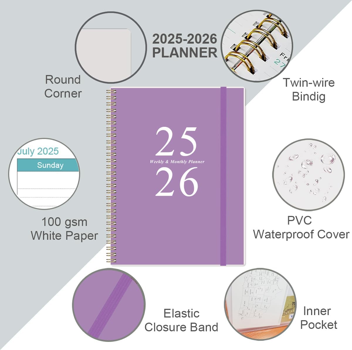 2025-2026 Planner - Academic Planner 2025-2026 from July 2025 to June 2026 with 12 Monthly Tabs, Flexible Cover, Inner Pocket, 8.5" x 11", Purple