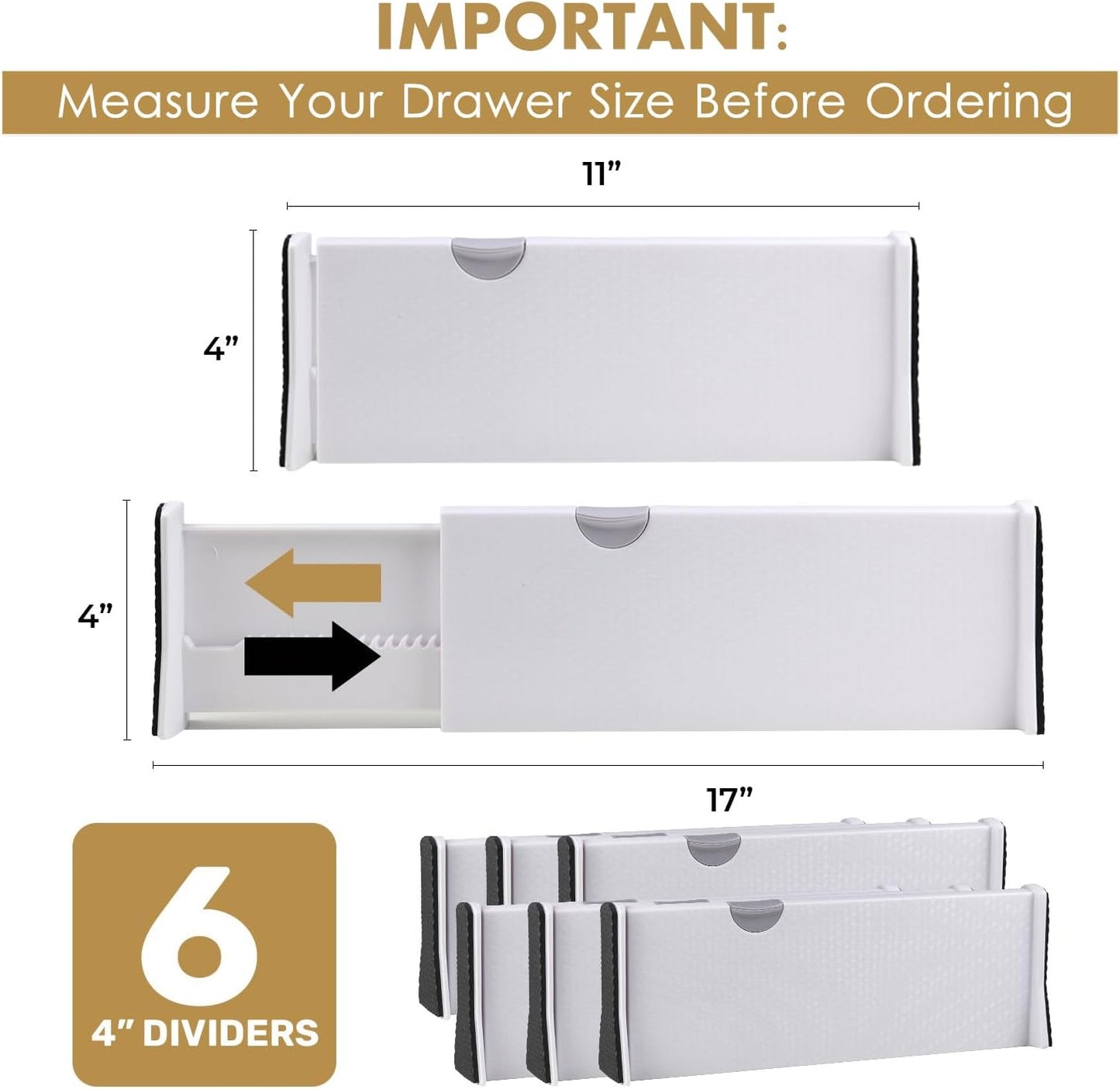 RAPTUROUS Adjustable Drawer Dividers 6 Pack, 4” High, 11-17” Long, Dresser Drawer Organizer for Bedroom, Closet, Kitchen, Nursery, Office, Strong Hold, Soft Foam Edges, White