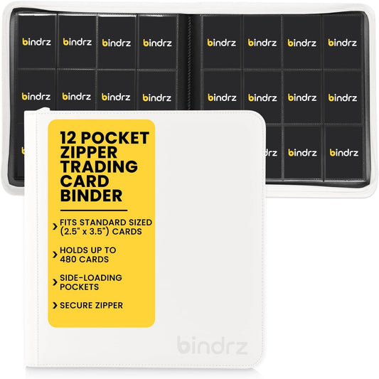 12 Pocket Zipper Binder for 480 Sleeved Trading Cards - Side Loading Pockets Album - Archival Safe Material and Compatible with TCG MTG and Sports Collectibles (White)