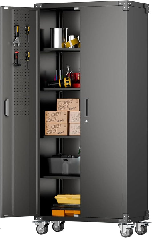 Aobabo Garage Storage Cabinet with Wheels,72" H Metal Storage Cabinet with 2 Doors and 4 Adjustable Shelves for Garage Home, Black,Required-Assembly
