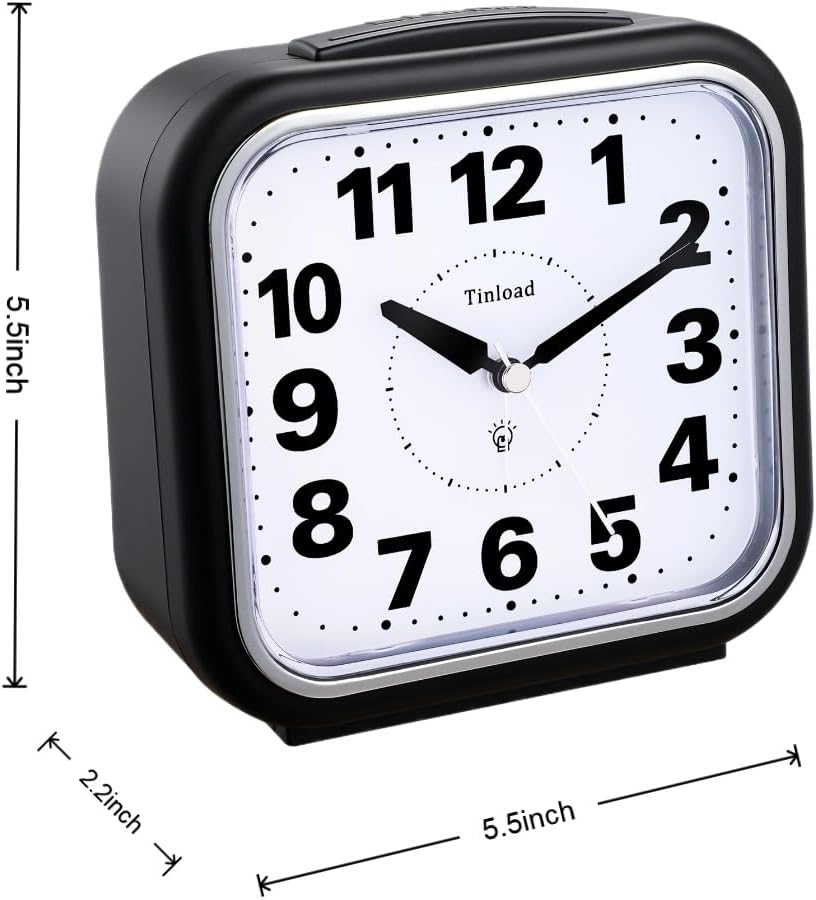 5.5" Large No Ticking Analog Alarm Clock,Silent Readable for Seniors,Easy to Set,Gradual Rise Alarm,Big Numbers,Gentle Wake,Snooze, Lighted on Demand,Battery Operated,Black