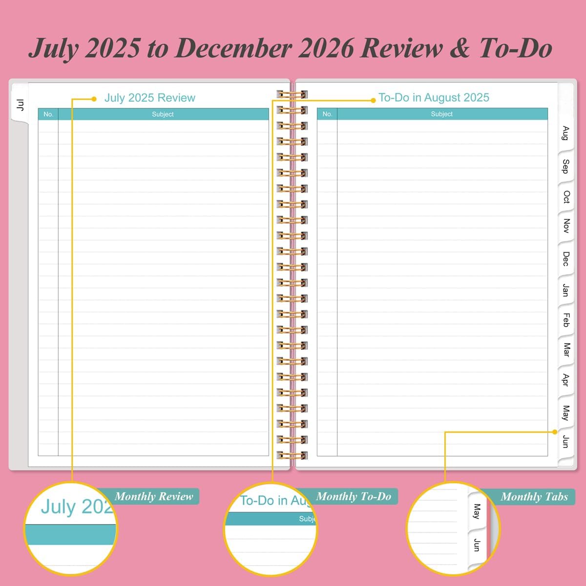 2025-2026 Monthly Planner - July 2025 - December 2026, Two Pages Per Month, 18 Monthly Calendar/Planner with Tabs, Strong Twin-Wire Binding, Inner Pocket, 6.4" x 8.5", Pink