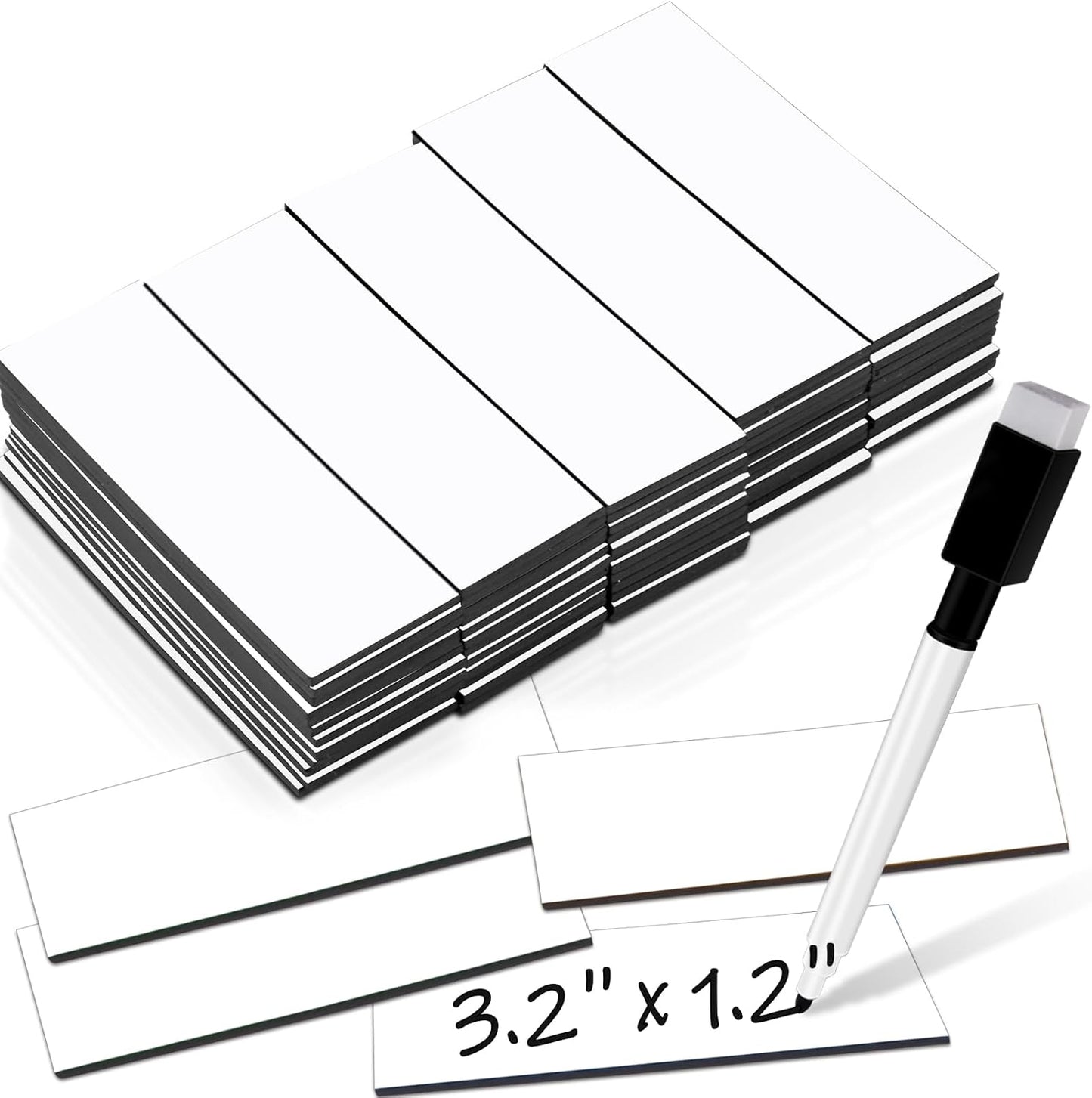 50 Pack Dry Erase Magnetic Labels White Reusable Write On Magnets Sticker, Magnetic Blank Writable Erasable Cards Name Tags for White Board, Garage, Classroom, Home, Office, 3.2'' x 1.2"