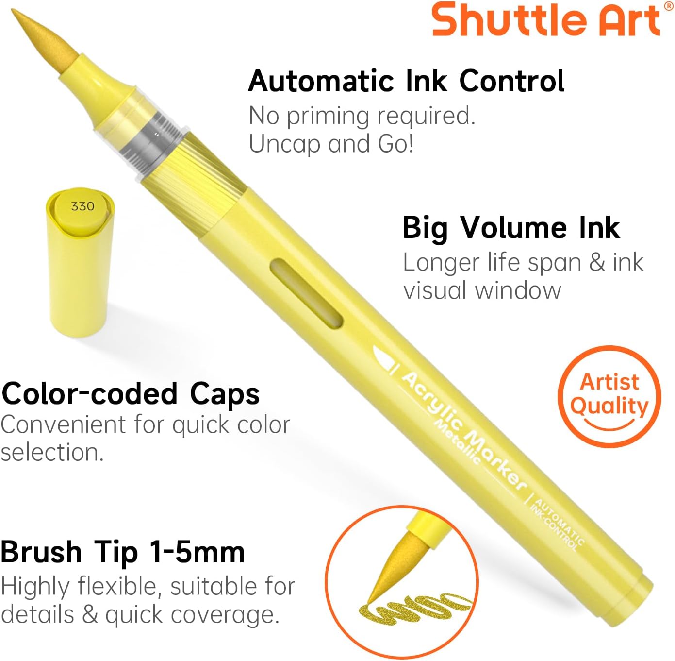 Automatic Ink Control Acrylic Paint Markers, Shuttle Art 24 Metallic Colors Brush Tip Acrylic Paint Pens for Rock Painting, Ceramic, Wood, Canvas, Glass, Stone, Fabric, Card Making, DIY & Art Supplies