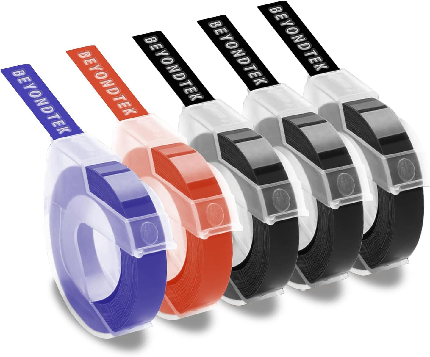 Embossing Label Maker Tape Compatible for Dymo 3/8 Embossing Label Maker 3D Plastic Labels for Dymo Organizer Xpress 12965 DYM 12966 Office Mate II （White on Black/Red/Blue） 5-Pack