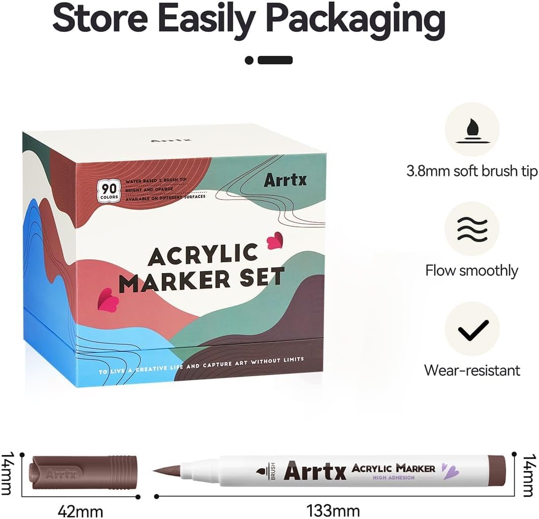 Arrtx 90 Colors Paint Markers, Acrylic Paint Pens for Artists Adults Coloring Drawing - Extra Brush Tip for Rock Painting, Wood, Canvas, DIY Crafts Making Art Supplies
