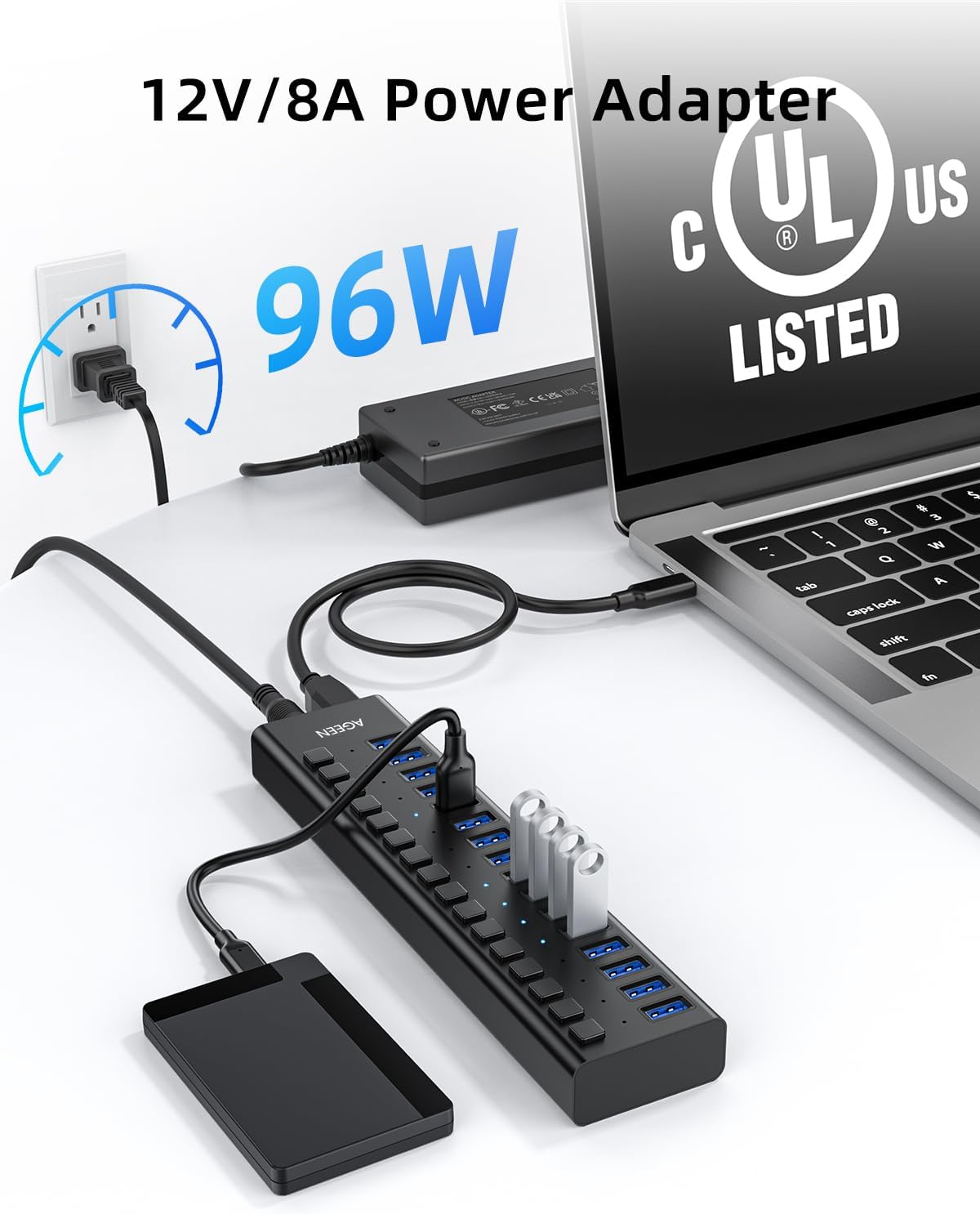 AGEEN 16-Port USB 3.2 Gen 2 Hub, 10Gbps High-Speed Aluminum Powered Hub with 96W Adapter, Individual Switches & Surge Protection for PC/Laptop, Flash Drive, Printer, Camera