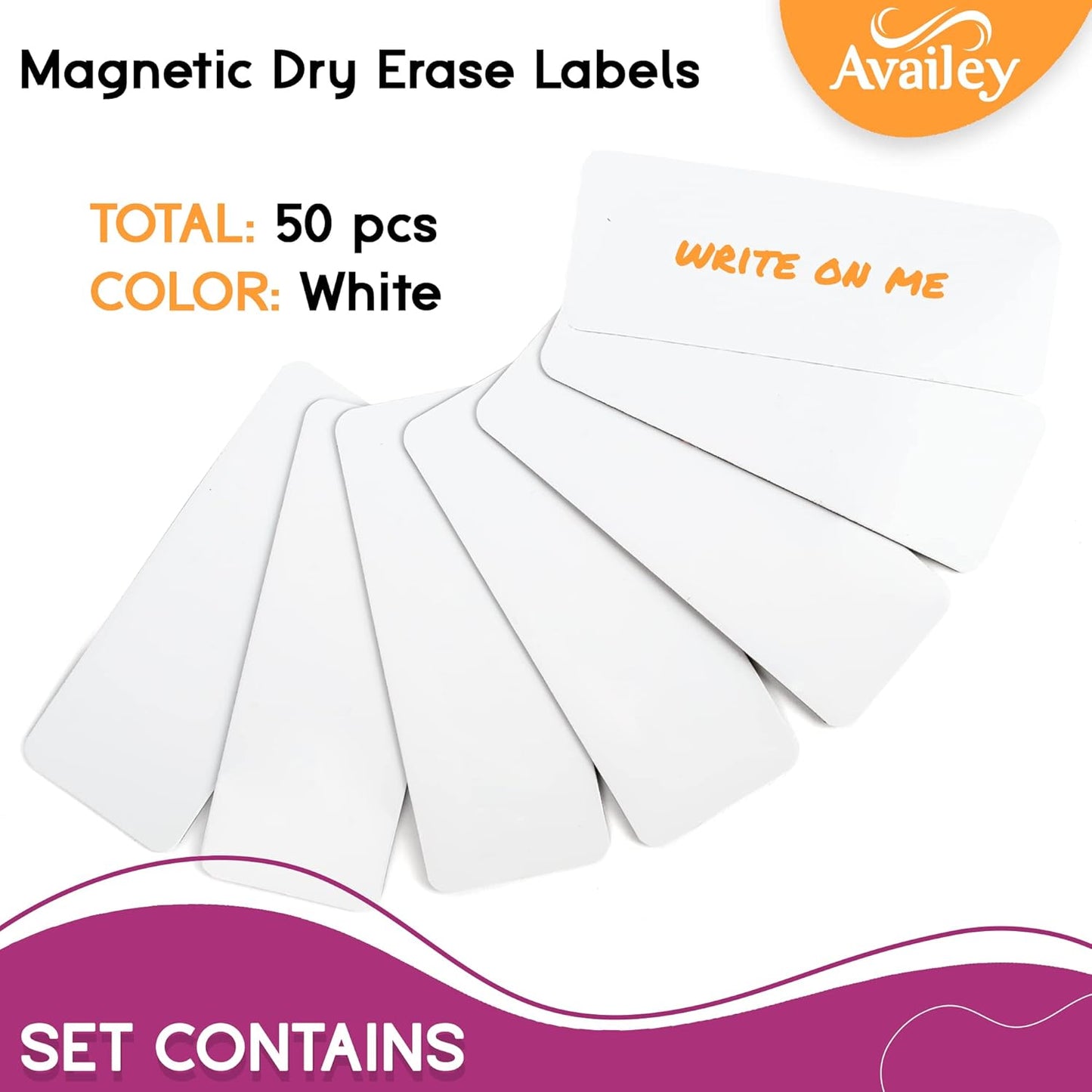 Availey 50 Pieces (3.2 x 1.2") - White Magnetic Dry Erase Labels - Reusable Strips for Classroom Home Office Garage Refrigerator Blank Writable Erasable Cards Name Tags Students Locker Shelf