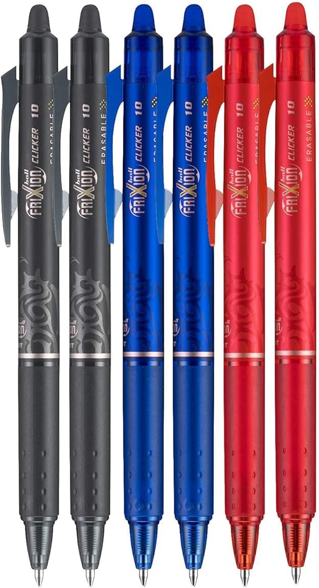 FriXion Clicker Retractable Erasable Gel Pen, Black/Blue/Red Bold Point, 6-pk; Bundle with Plastic Reusable Pouch