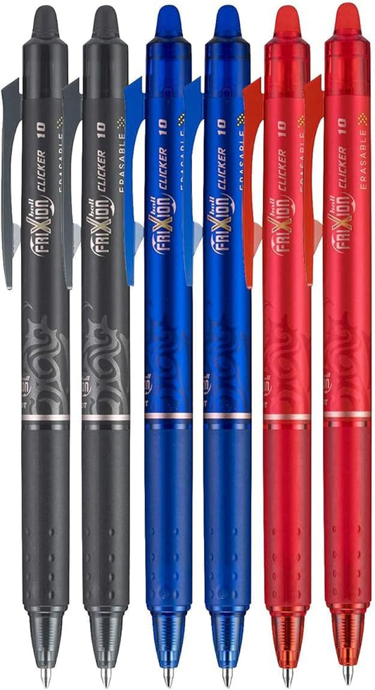FriXion Clicker Retractable Erasable Gel Pen, Black/Blue/Red Bold Point, 6-pk; Bundle with Plastic Reusable Pouch