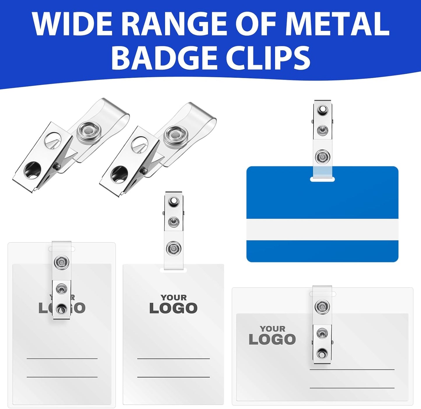 Seajan 100 Pcs Metal Badge Clips Bulk Double Hole Name Tag Clips with Clear PVC Straps Alligator ID Strap Clips for ID Cards Holders Office School Supplies