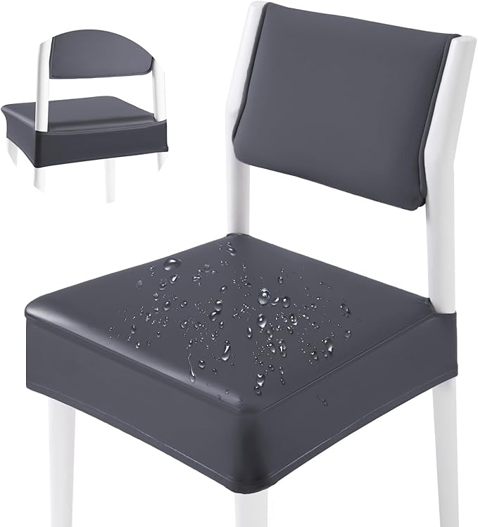 CWK Waterproof PU Leather Dining Chair Covers Set of 2-Stretchable Chair Seat Slipcovers, Removable & Washable Protector for Dining Room,Home,Office,Wedding,Rear Covers (PU-Grey)