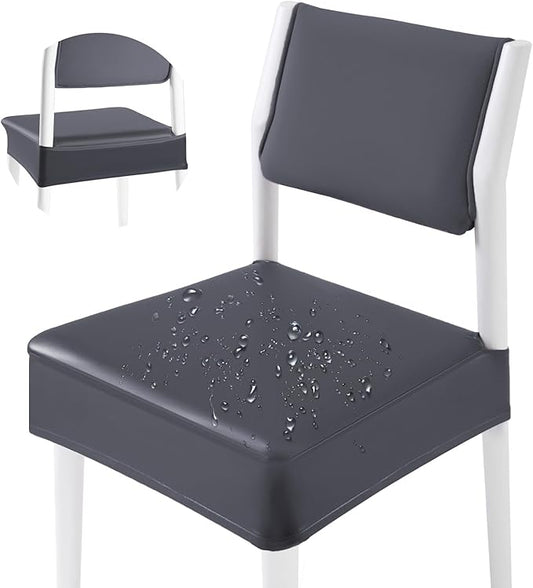 CWK Waterproof PU Leather Dining Chair Covers Set of 2-Stretchable Chair Seat Slipcovers, Removable & Washable Protector for Dining Room,Home,Office,Wedding,Rear Covers (PU-Grey)