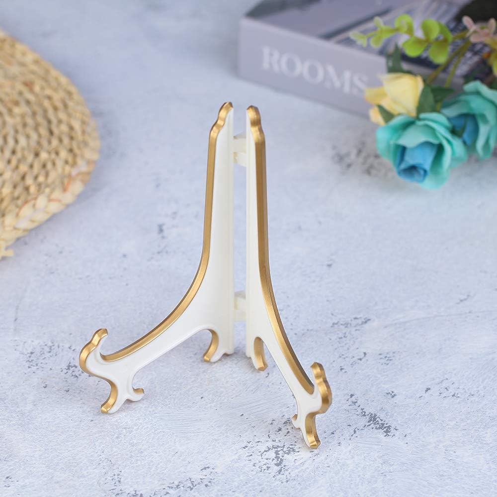 Artliving 4" White Gold Decorative Small Plate Stand Holder Plastic Picture Easel Display Stand Picture Frame Stand (2 Pack)